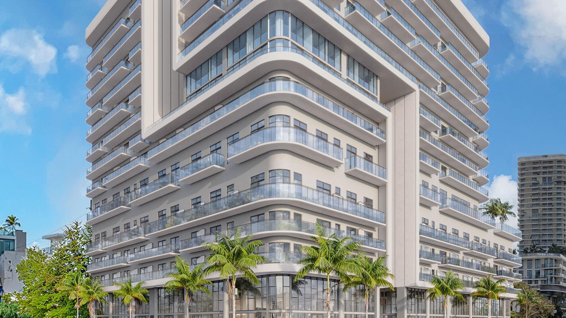 Modern high-rise residential building with curved glass balconies, white facade, and palm trees in front against a blue sky
