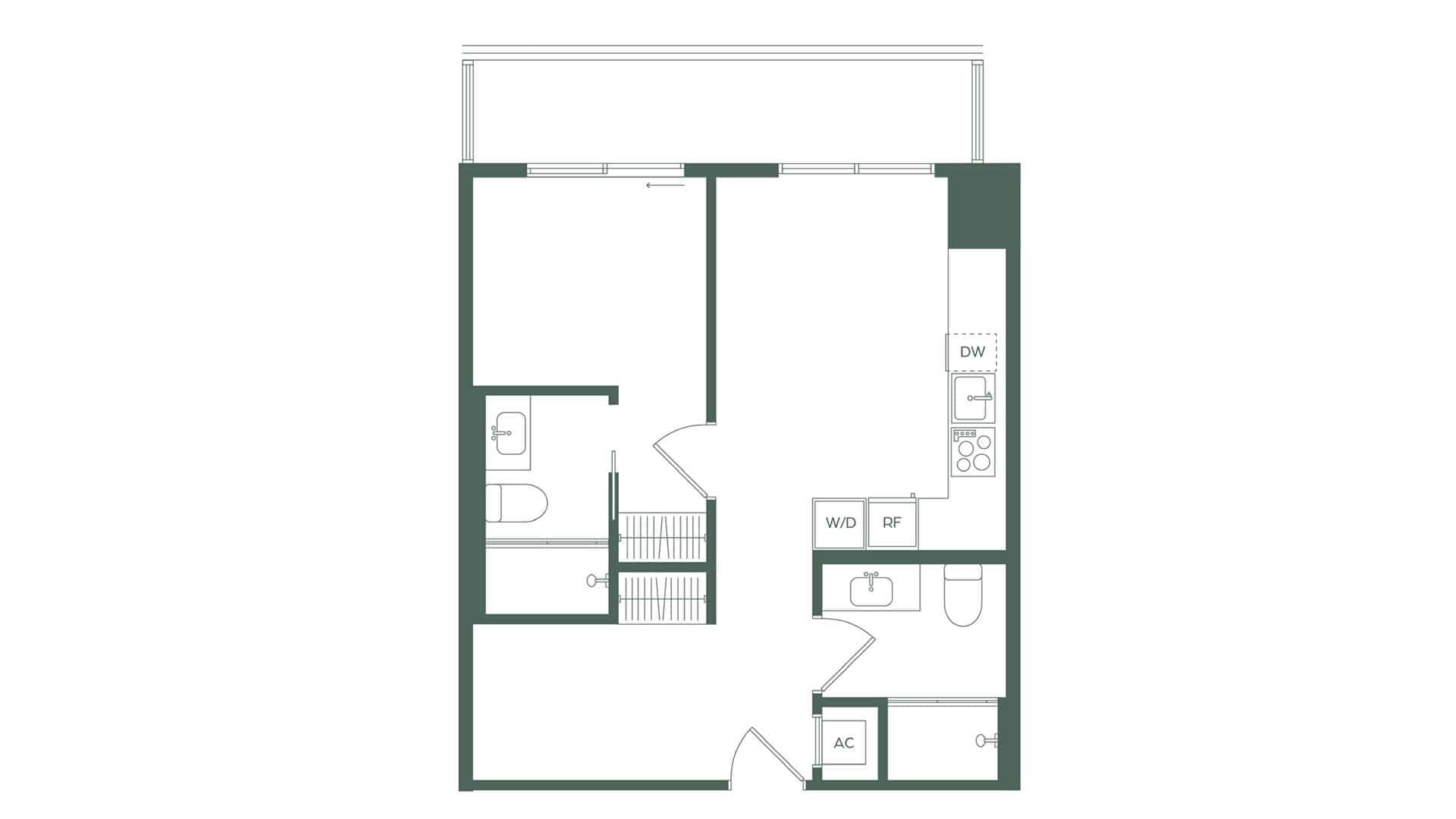 Apartment floor plan: entry at bottom, open living area to the right, two rooms on the left, with kitchen along the right wall including a dishwasher (DW) and stove; laundry area labeled W/D and RF nearby; main bathroom near left side.