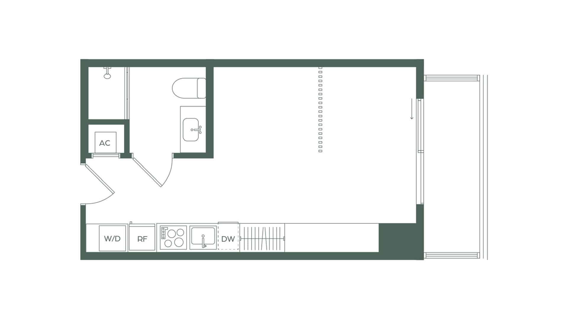 Floor plan of a small apartment: entry on the left leads to a kitchen along the bottom wall with W/D, RF, stove, sink, and dishwasher; bathroom above; balcony on the right.