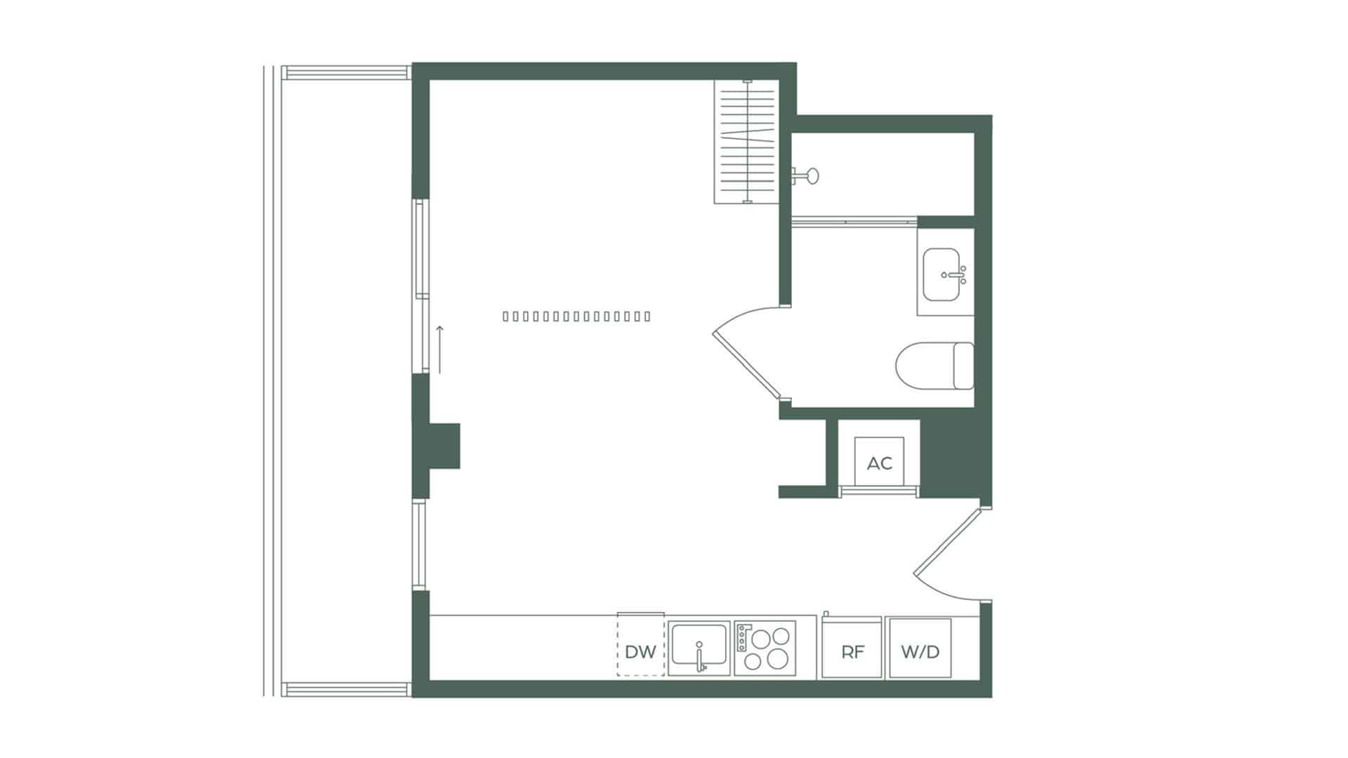 Floor plan of a small apartment showing kitchen along bottom wall, bathroom at right, entry door at bottom-right, and a balcony on left. Labels include DW, W/D, RF, AC.