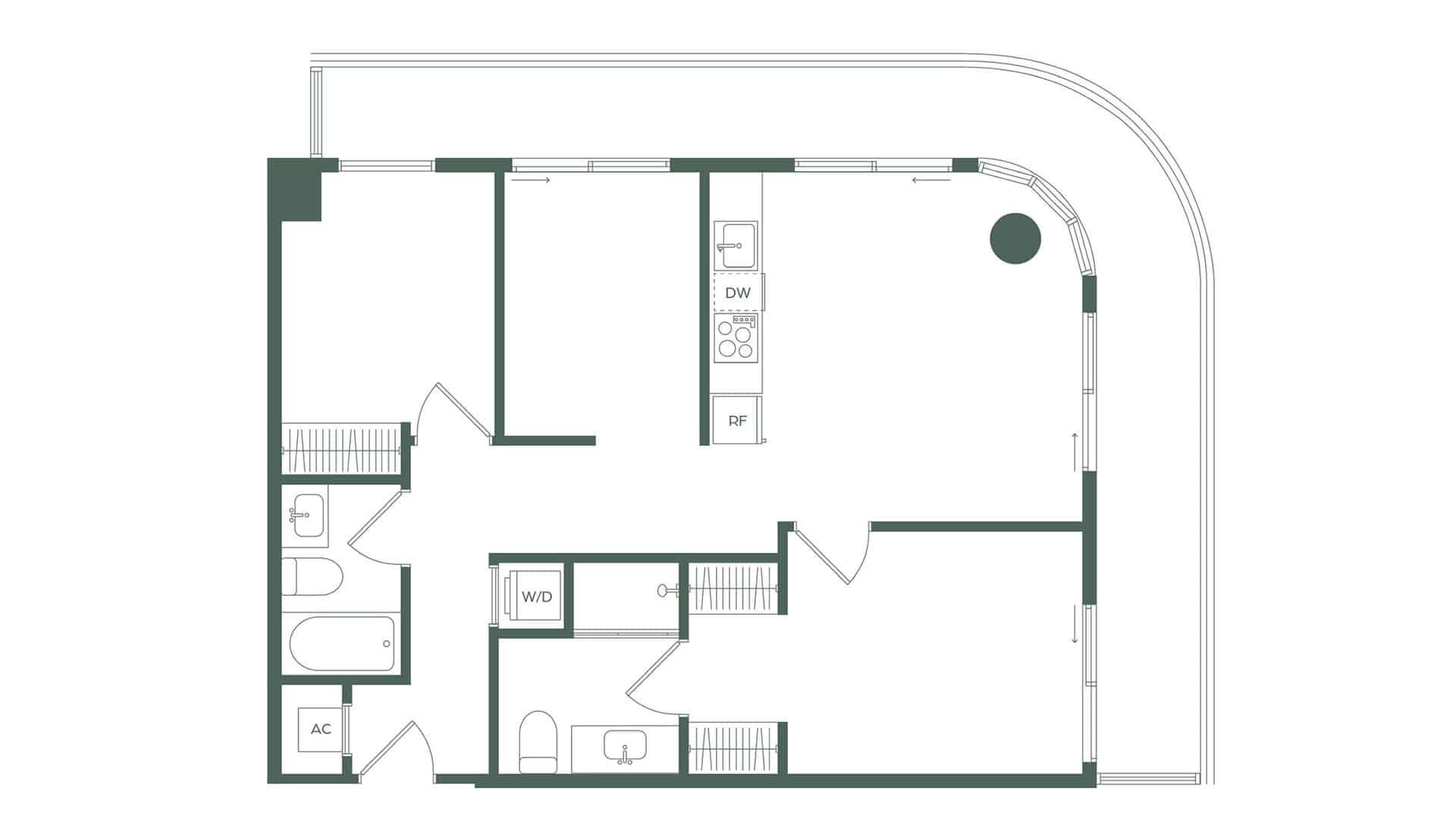 Architectural floor plan of an apartment with living area near a curved exterior wall, a kitchen on the right with labeled appliances, two bedrooms, and two bathrooms.